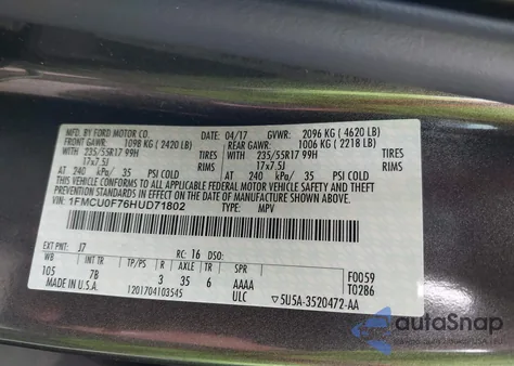 2017 Ford Escape from USA, damaged, VIN 1FMCU0F768UD71802